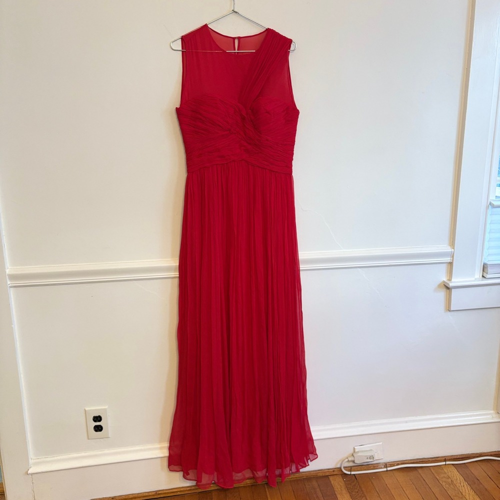 MNG Mango Silk Maxi Dress Womens 8 Red NWT Ruched Sheer Gown